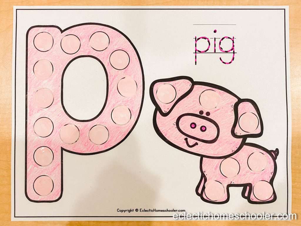 Letter P Printable Dot Pages with Paint and Crayons